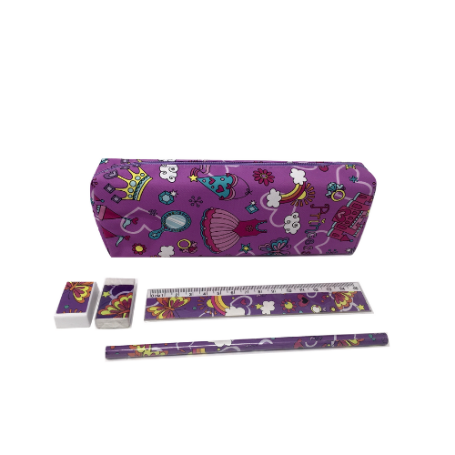 Pencil Case with Pencil, Ruler, Sharpener and Rubber - Princesses in Pink