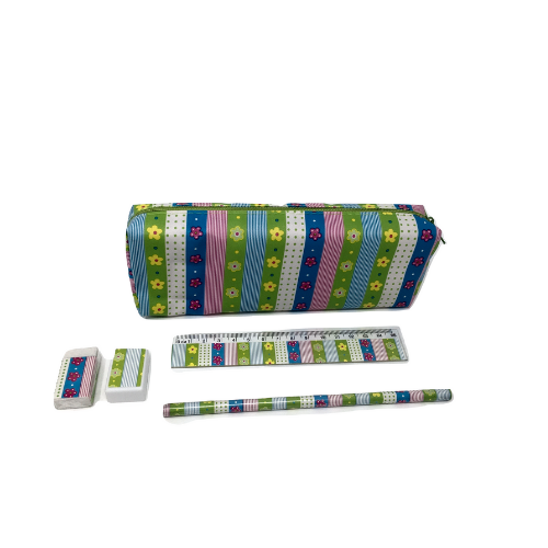 Pencil Case with Pencil, Ruler, Sharpener and Rubber - Flowers and Stripes