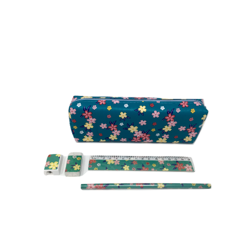 Pencil Case with Pencil, Ruler, Sharpener and Rubber - Aquamarine witH Flowers