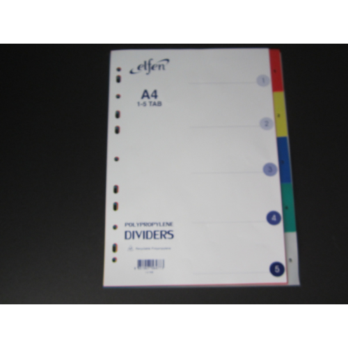 Dividers - Elfen PP Dividers / Separators Numbered 1 to 5 with coloured tabs