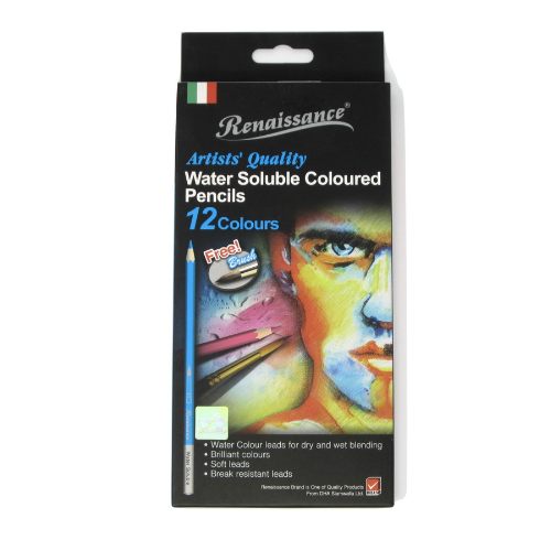 Pencils - Coloured - Water Soluble with Paintbrush - (Set of 12) (Renaissance)